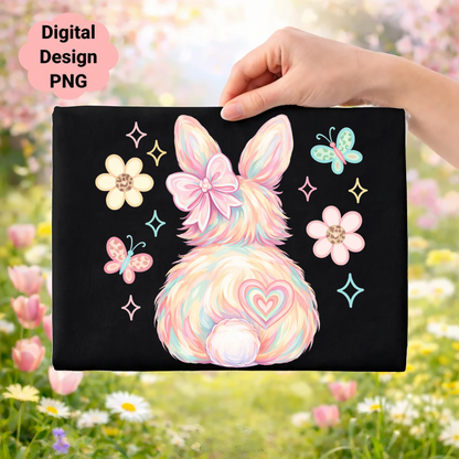 Fuzzy bunny tail with pastel colors, heart, butterflies, and flowers on black.