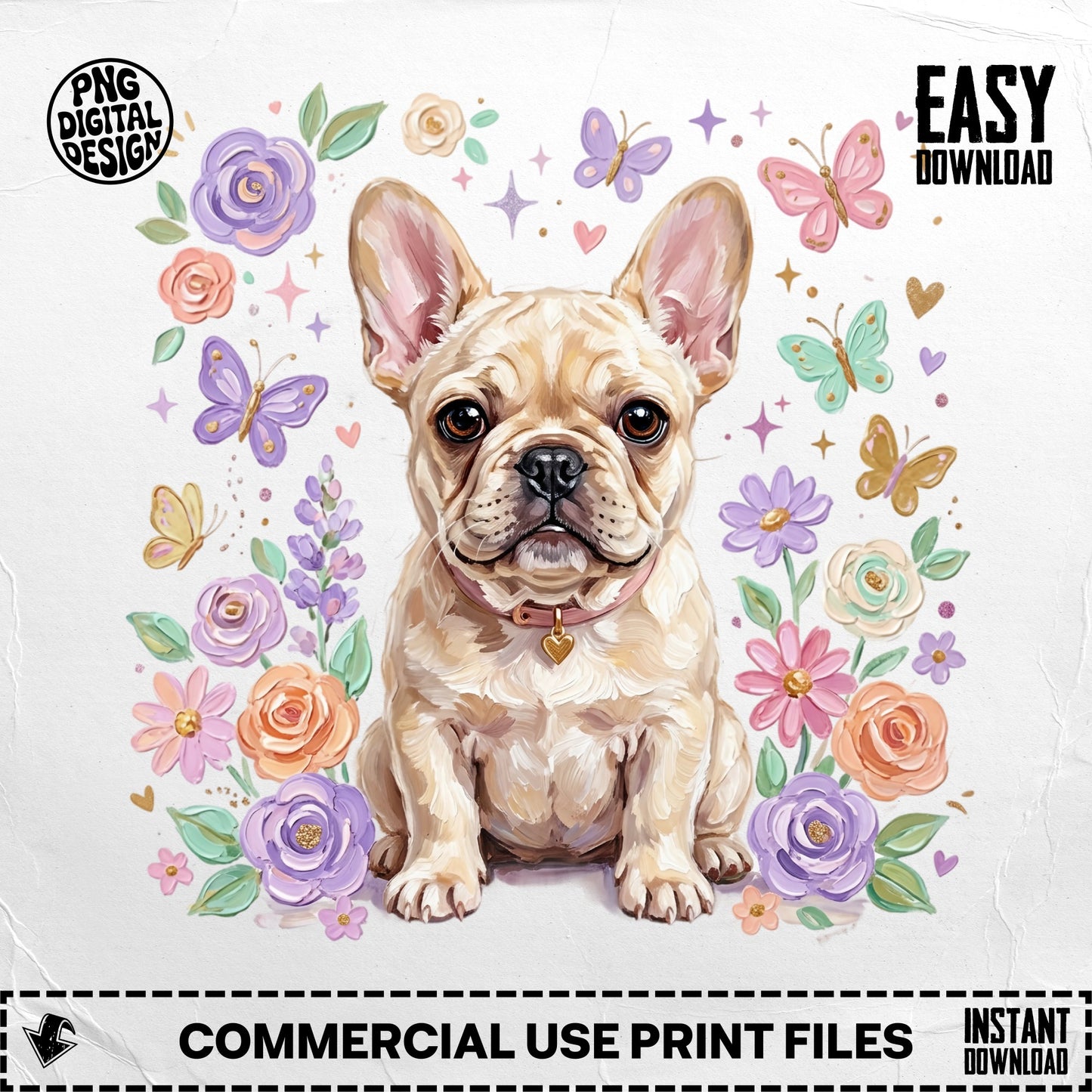 French bulldog surrounded by pastel flowers and butterflies.