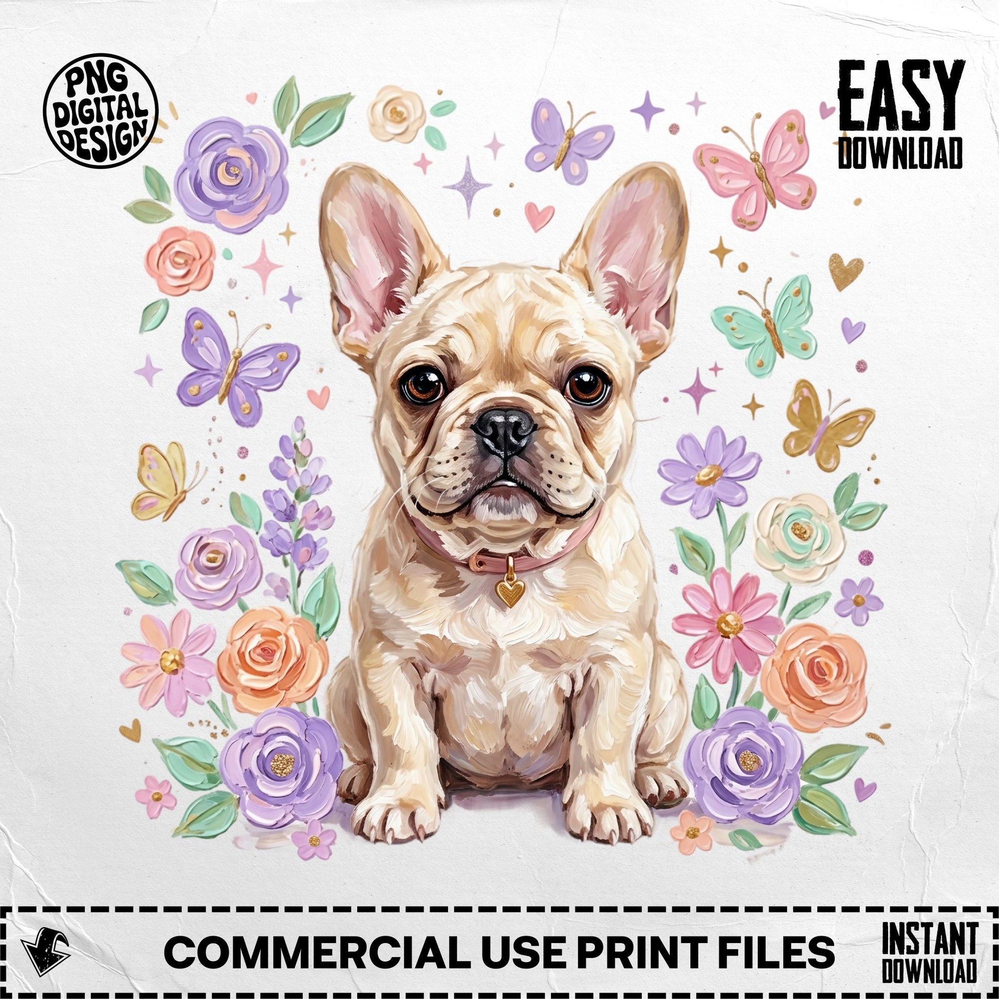 French bulldog surrounded by pastel flowers and butterflies.