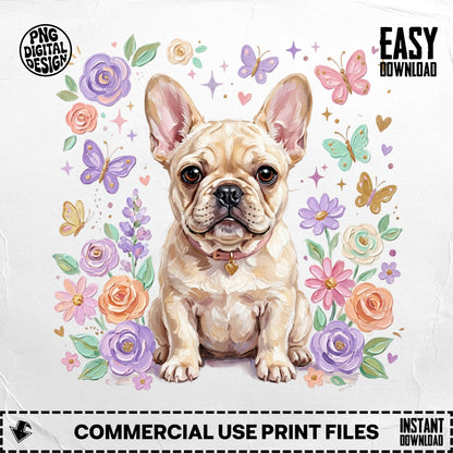 French bulldog surrounded by pastel flowers and butterflies.