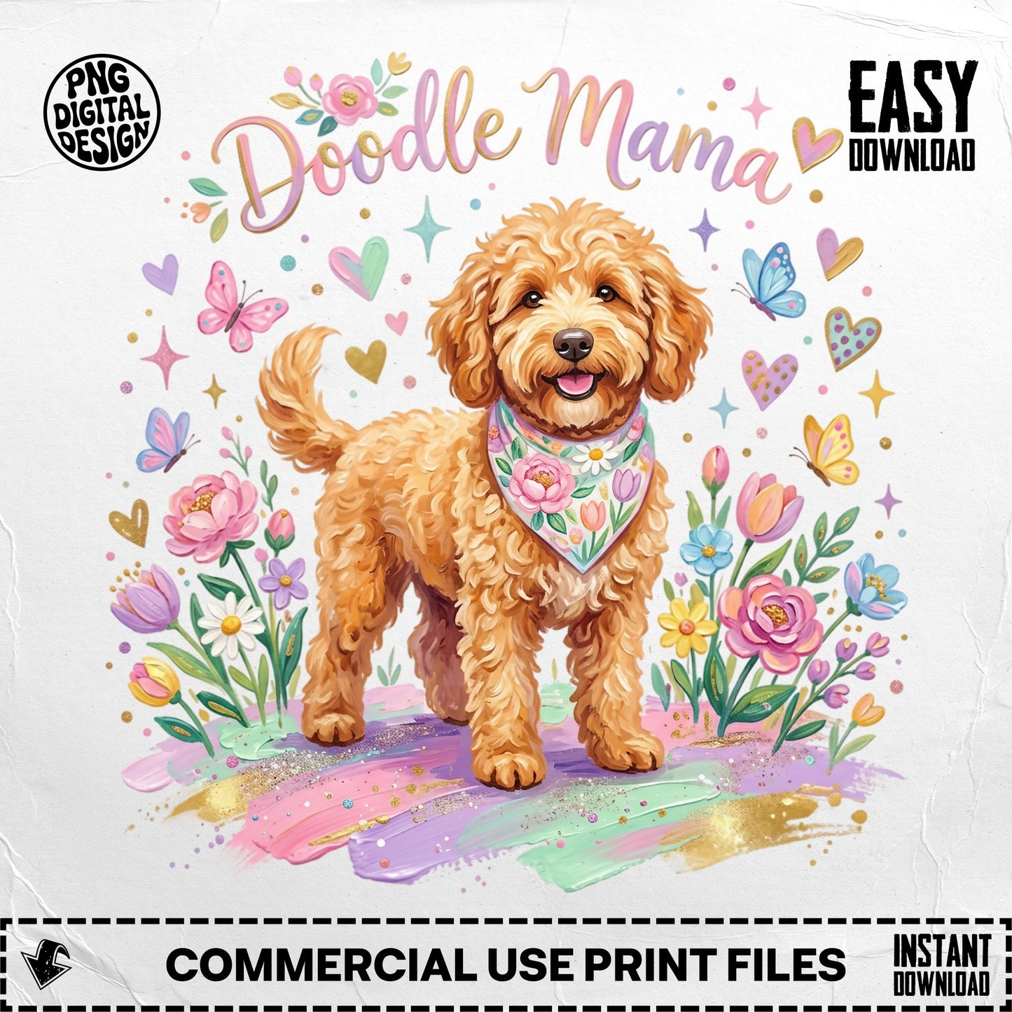Golden doodle wearing a floral bandana with colorful flowers and butterflies.