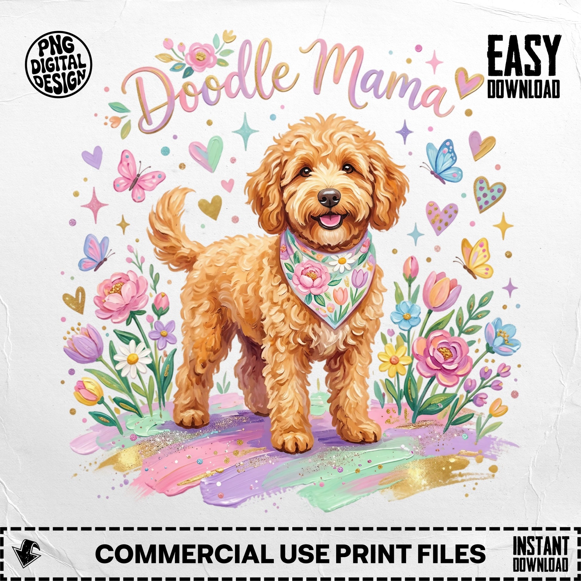 Golden doodle wearing a floral bandana with colorful flowers and butterflies.