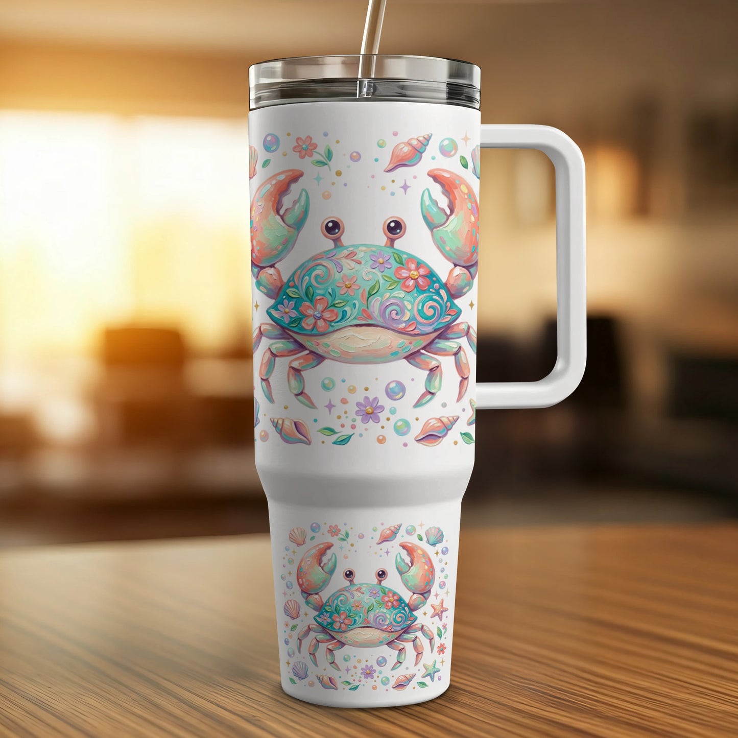 Floral crab design on a white insulated tumbler with straw.