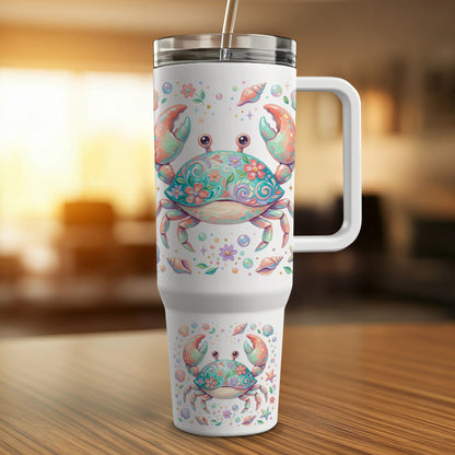 Floral crab design on a white insulated tumbler with straw.