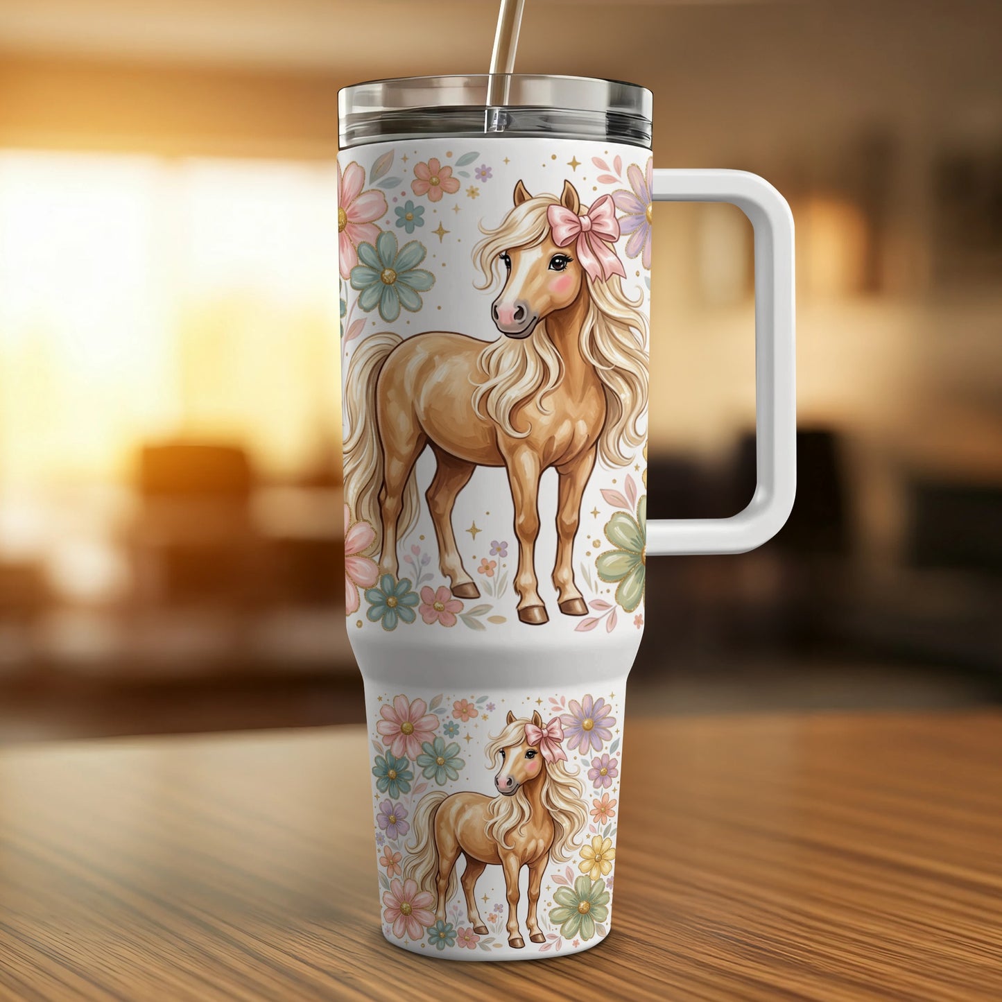 Pink-bowed horse with floral accents on a white tumbler with straw.