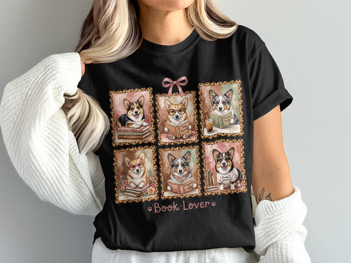 Six framed corgis reading books with "Book Lover" text.