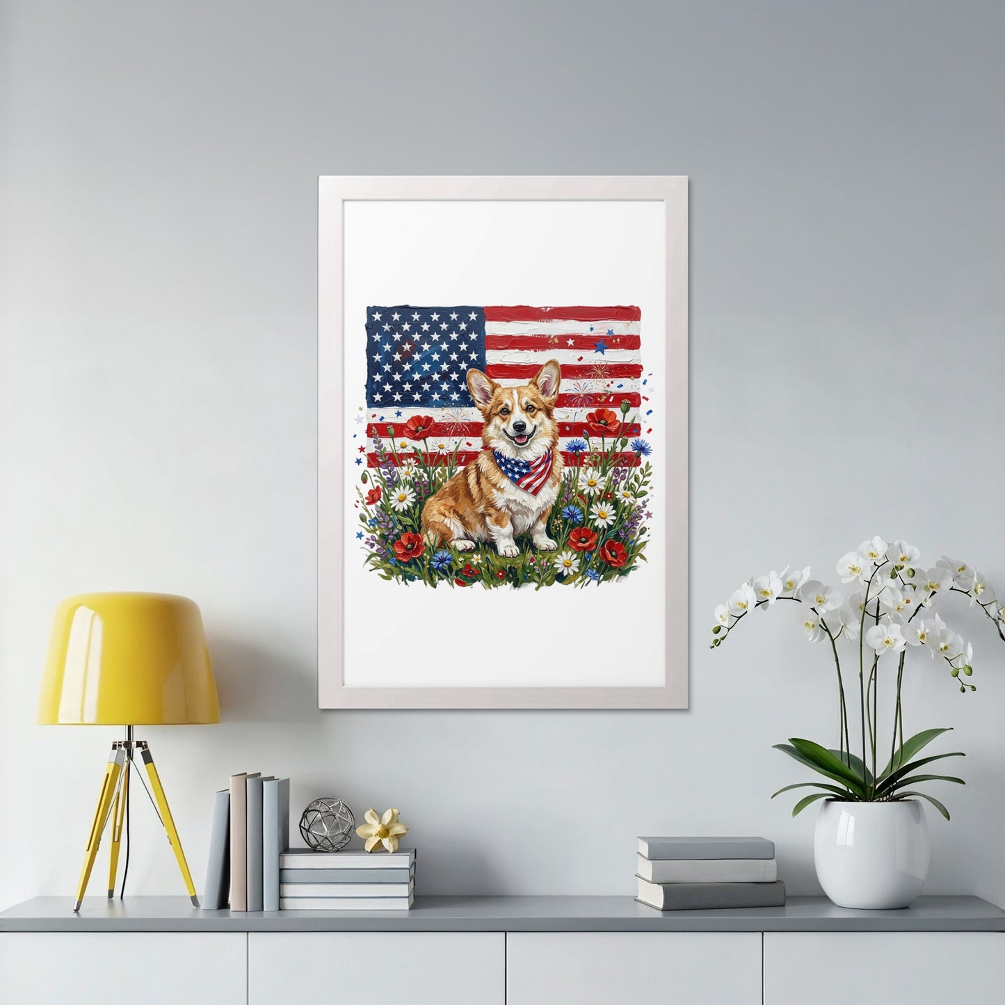 Corgi wearing bandana sits in field of flowers with American flag background.