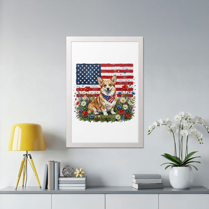 Corgi wearing bandana sits in field of flowers with American flag background.