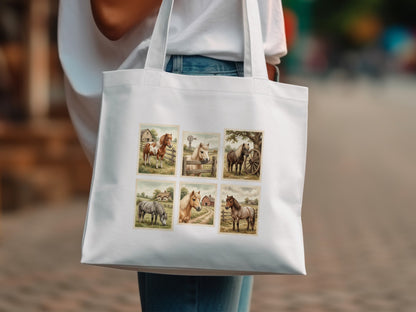 White tote bag with six horse-themed postage stamps.