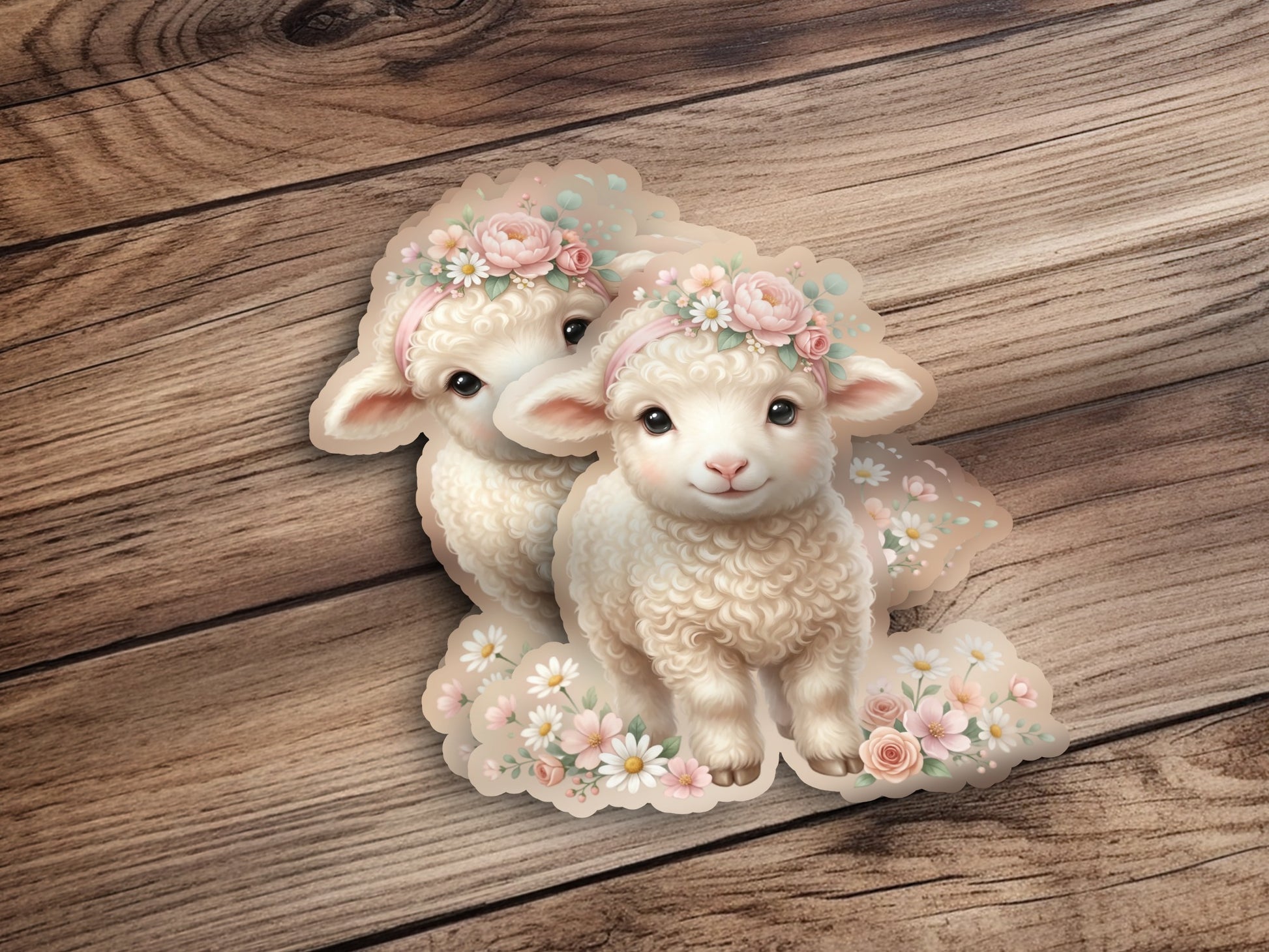 Two cute lambs with flower crowns on a wooden background.