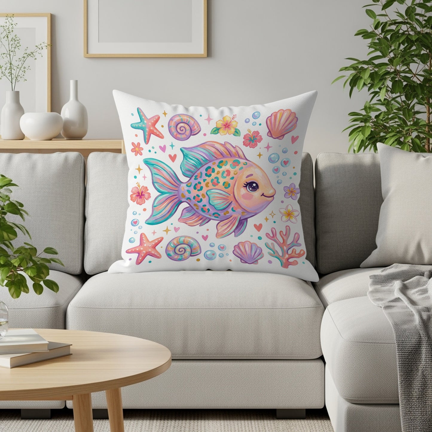 Whimsical cartoon fish and seashells on a white decorative pillow.