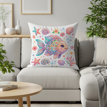 Whimsical cartoon fish and seashells on a white decorative pillow.