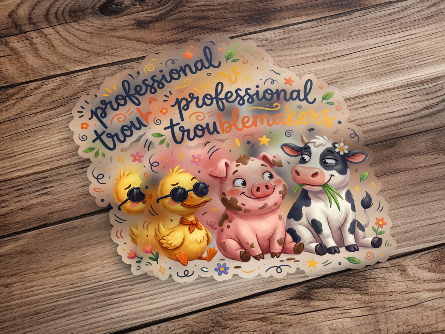 Cute cartoon duck, pig, and cow stickers with "professional troublemakers" text.