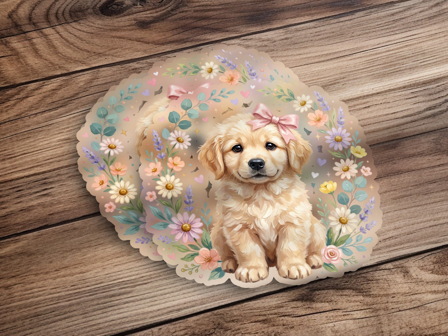 Golden Retriever puppy wearing a pink bow in a floral wreath.