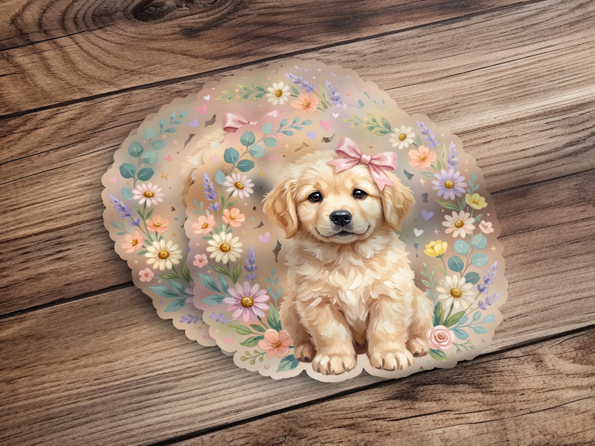 Golden Retriever puppy wearing a pink bow in a floral wreath.