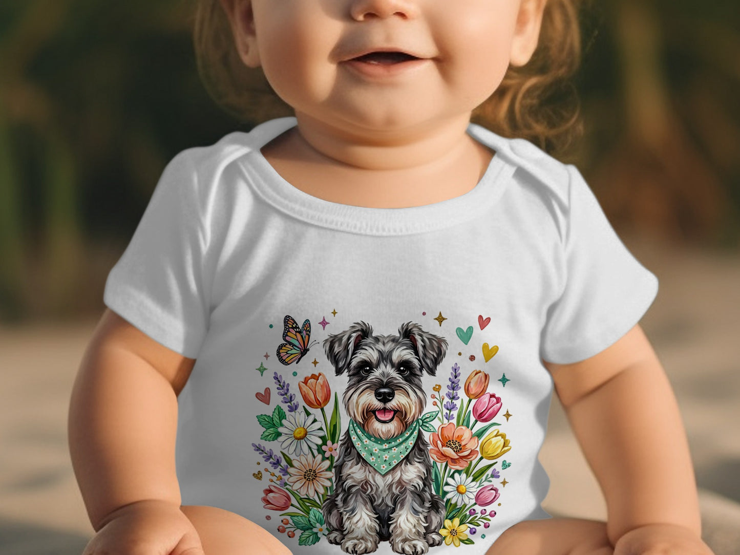 Baby wearing a white bodysuit with a schnauzer and flowers design.