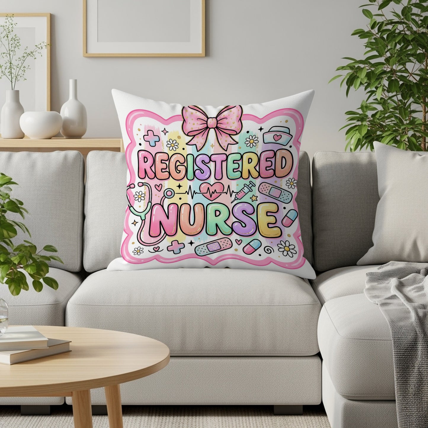 Pillow with "Registered Nurse" text and medical icons on a couch.