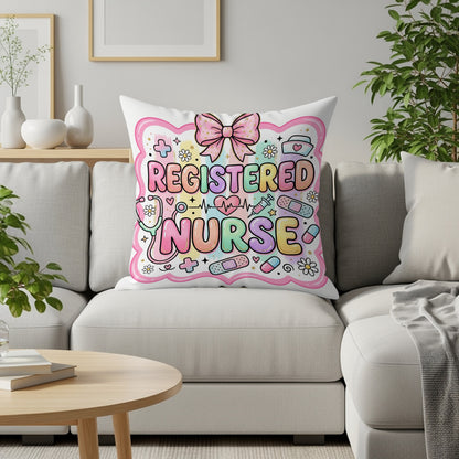 Pillow with "Registered Nurse" text and medical icons on a couch.