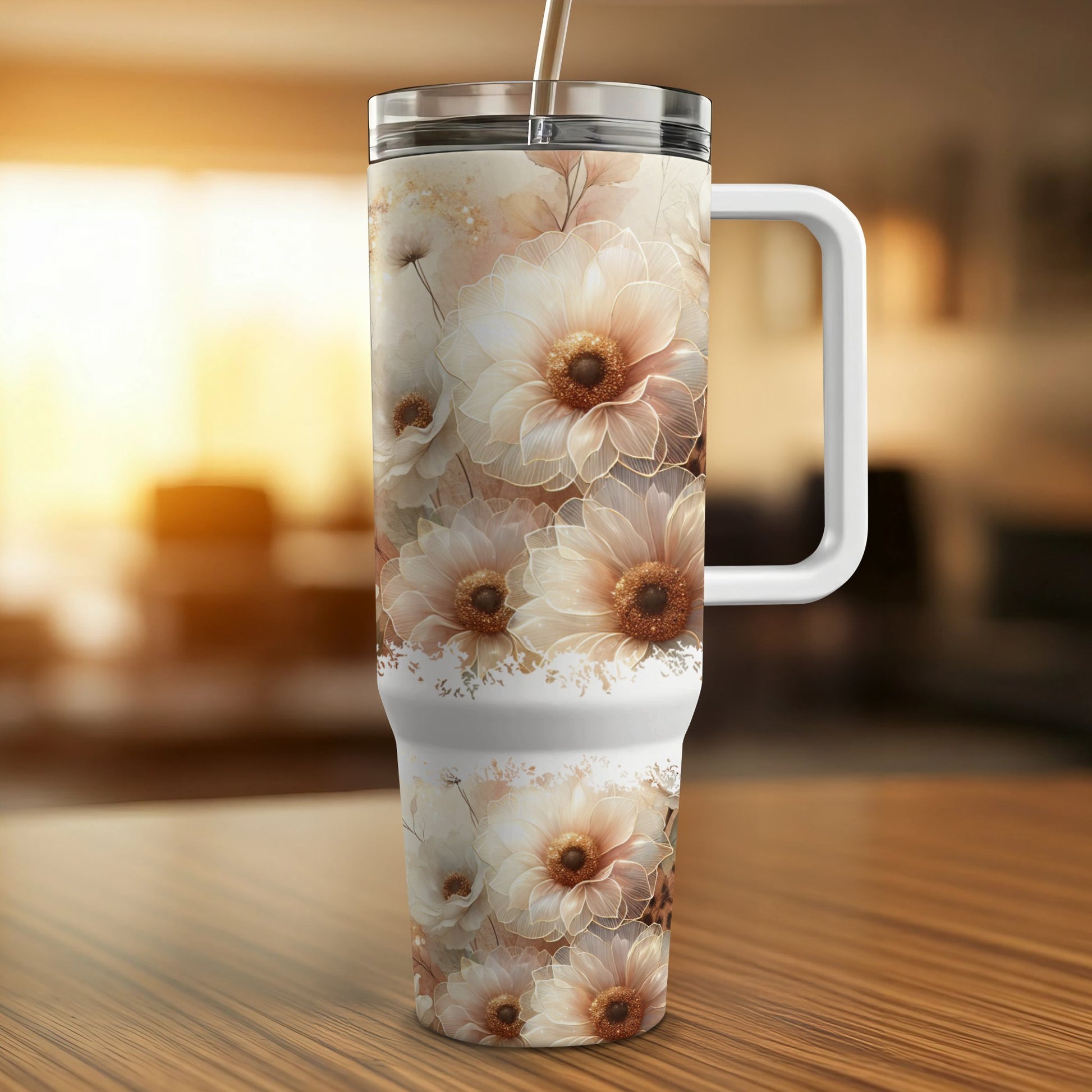 Floral pattern tumbler with handle and straw on wooden surface.