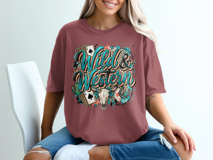 T-shirt with "Wild & Western" text, horseshoe, cactus, and playing cards graphic.