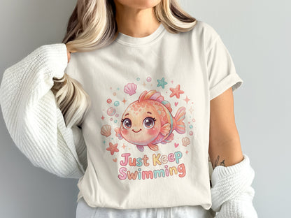 Cute cartoon fish with shells and stars, text "Just Keep Swimming".