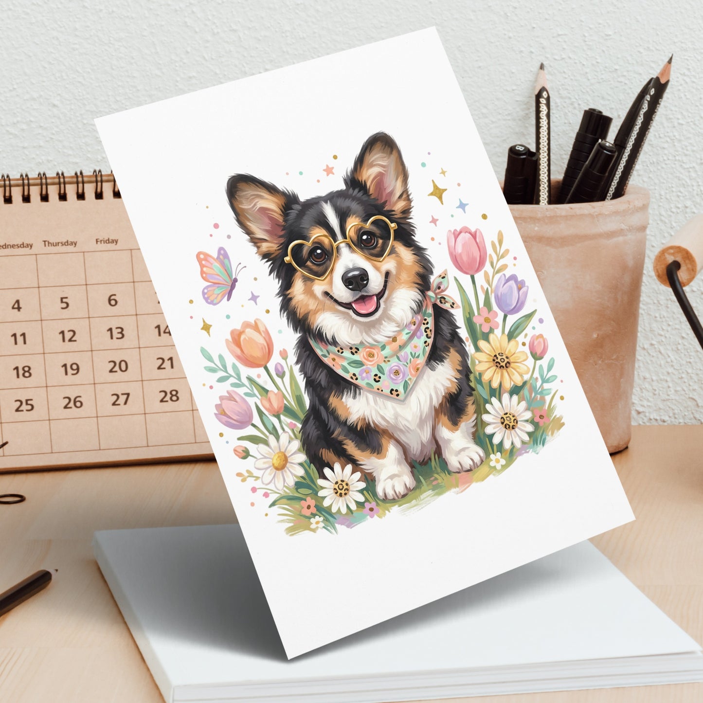 Cute corgi wearing heart sunglasses with flowers and butterflies.