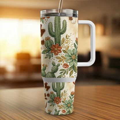 Cowboy cactus and floral print 30 oz tumbler with handle and straw.