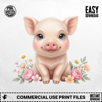Cute cartoon piglet surrounded by flowers and leaves, "PNG DIGITAL DESIGN" and "EASY DOWNLOAD" text.