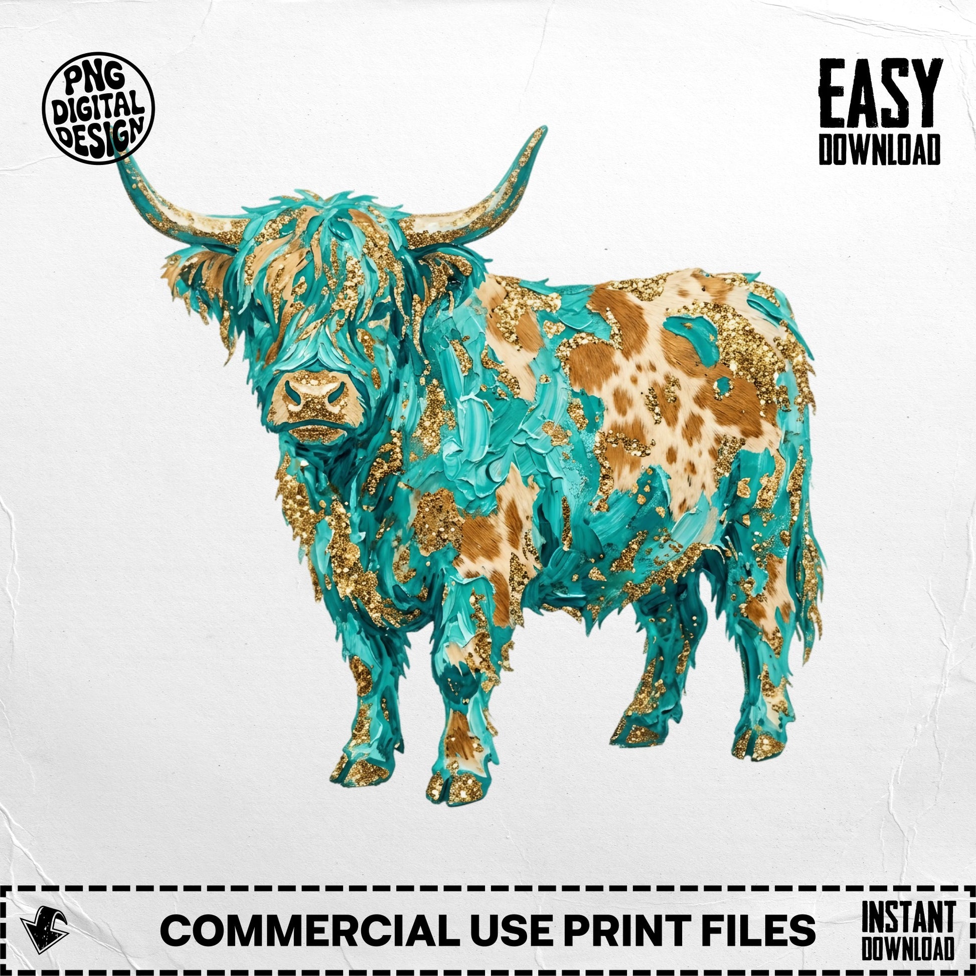 Highland cow illustration with teal and gold paint splatter.