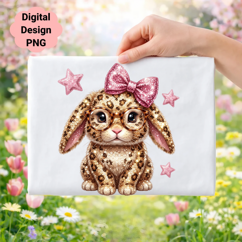 Leopard print bunny with glasses and pink bow on white background.