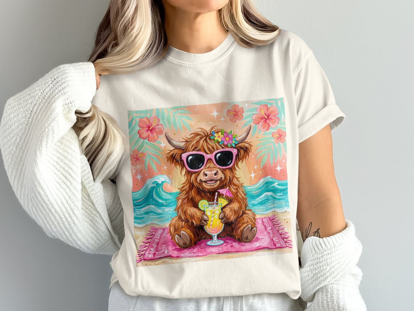 Highland cow on beach with sunglasses, drink, and tropical flowers.