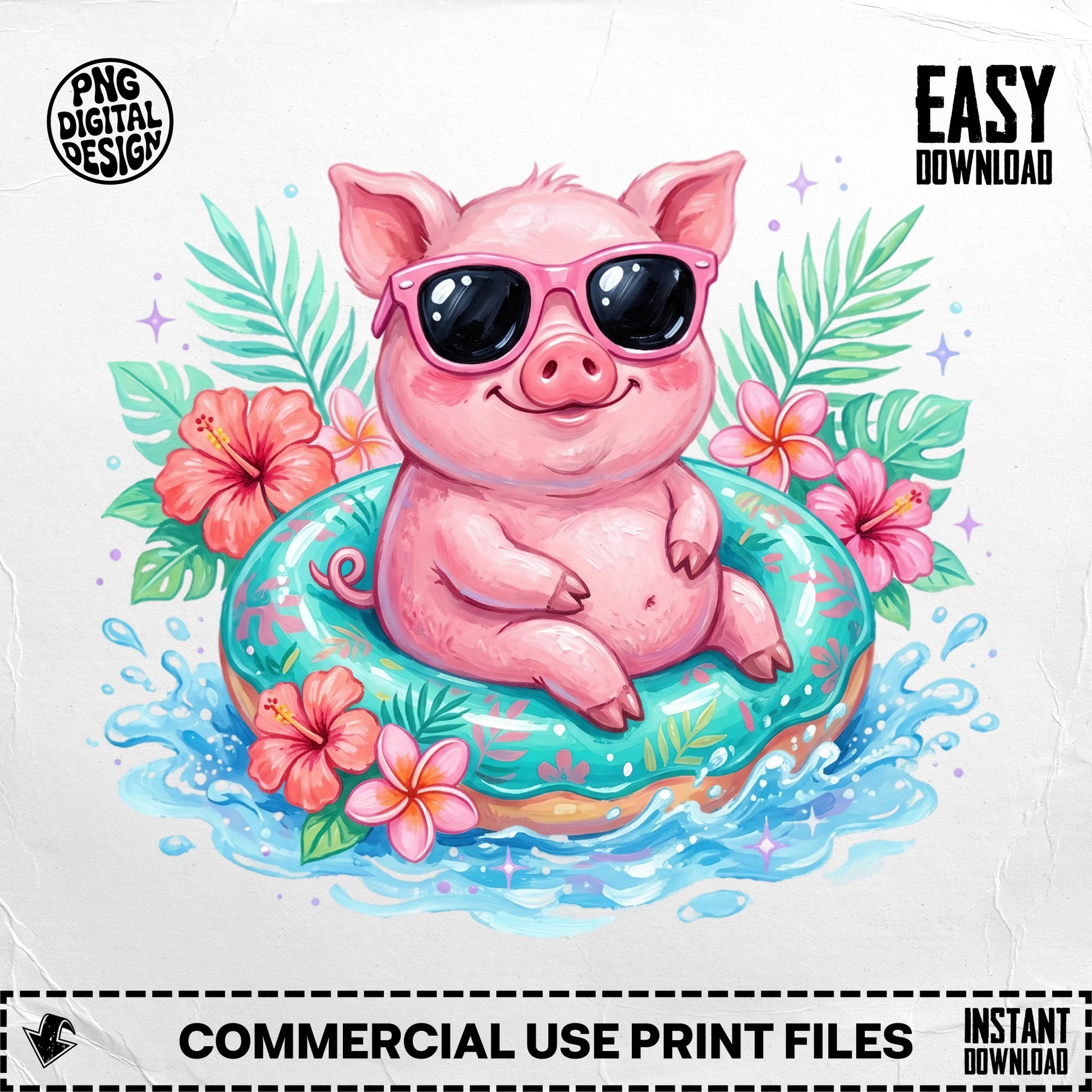 Pink pig in sunglasses on a tropical float with hibiscus flowers.