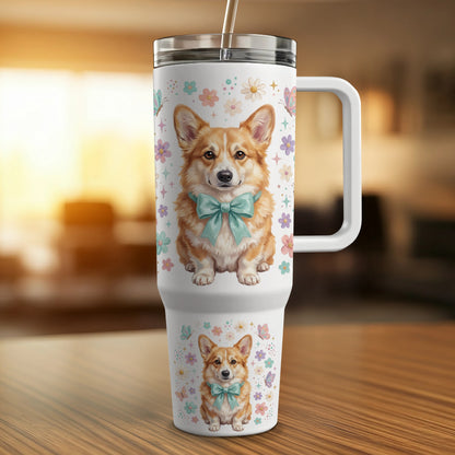 Corgi with blue bow on white tumbler with butterflies and flowers.
