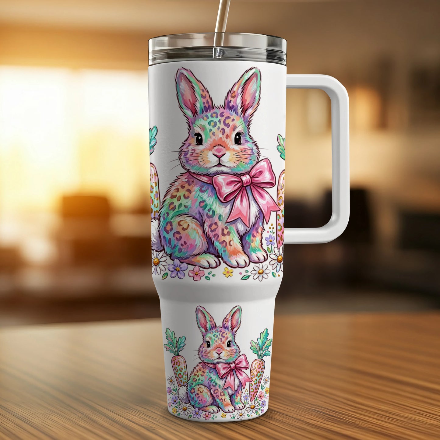 White tumbler with a colorful leopard-print Easter bunny and carrots design.