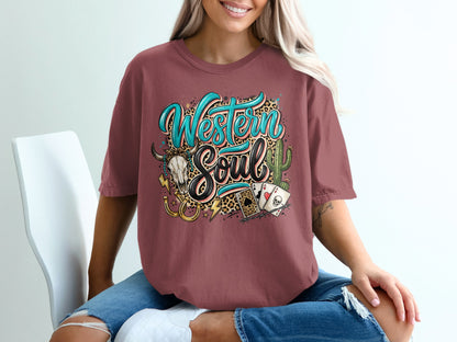 T-shirt with "Western Soul" text, skull, cactus, horseshoe, and playing cards.