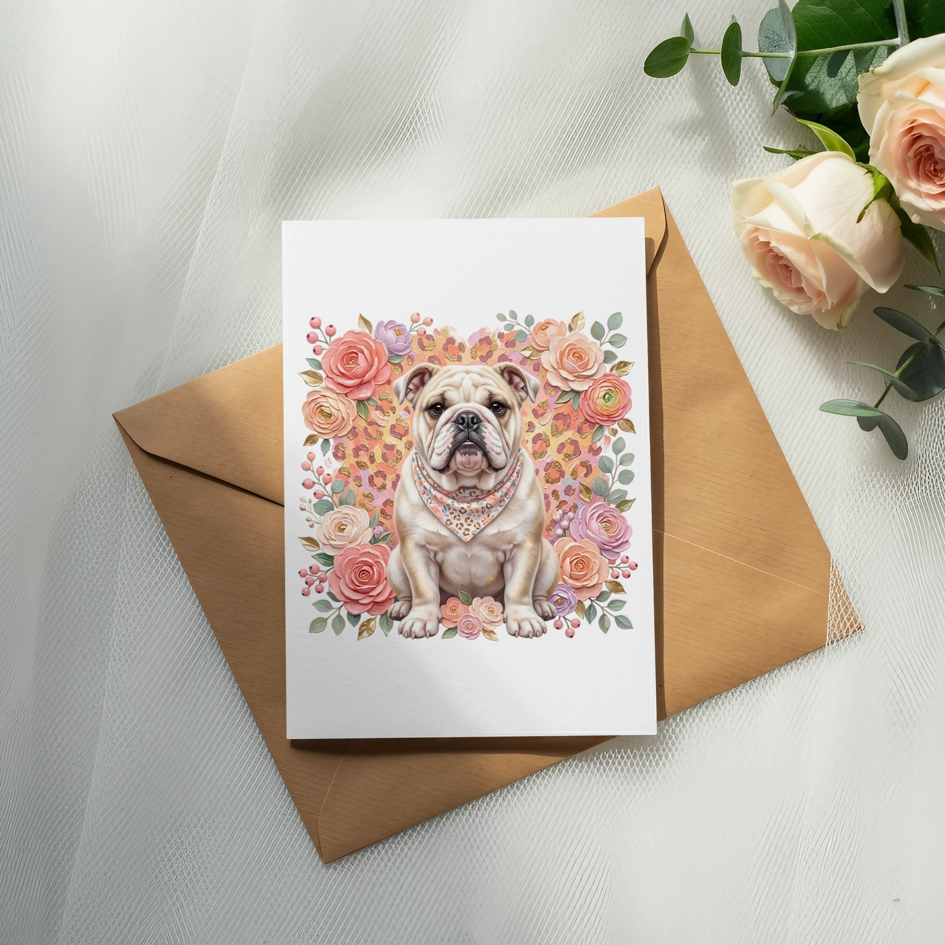Bulldog wearing bandana surrounded by floral and leopard print.