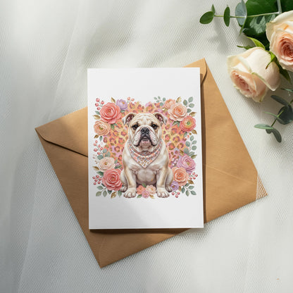 Bulldog wearing bandana surrounded by floral and leopard print.