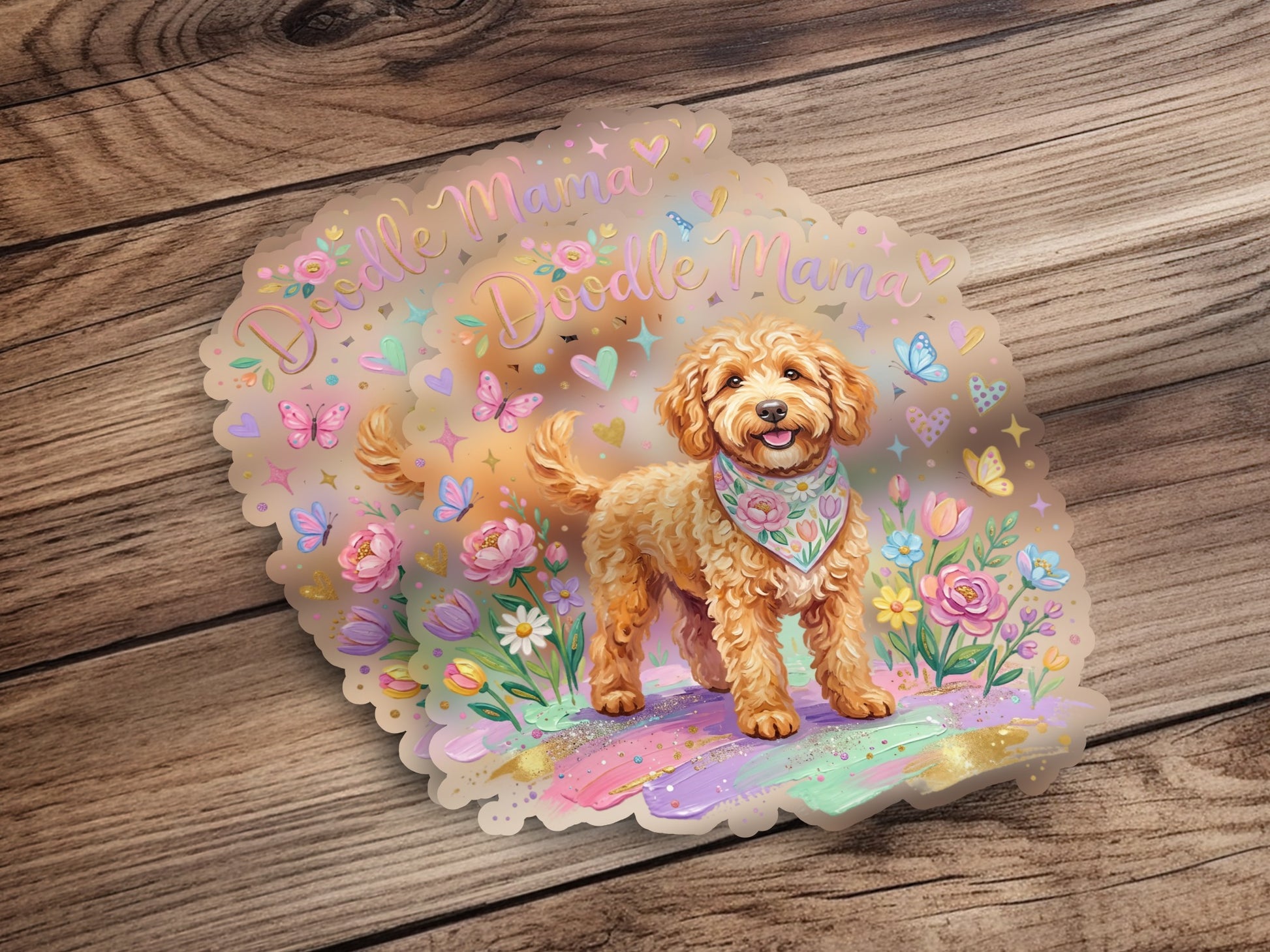 Golden Doodle wearing a bandana with "Doodle Mama" text and butterflies.