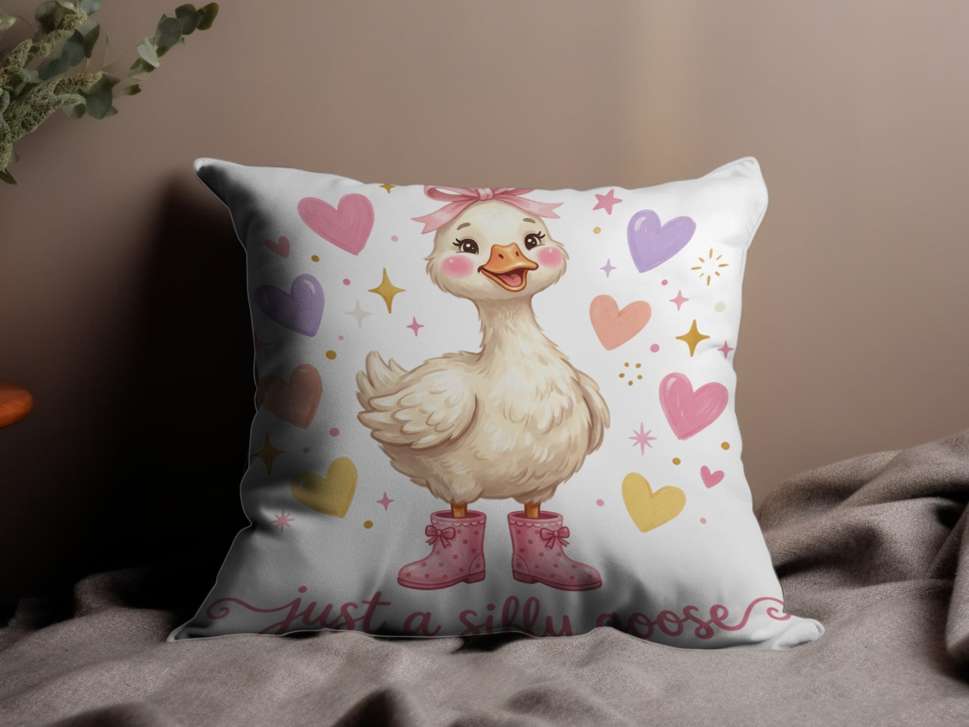 Cute cartoon goose wearing pink boots, surrounded by hearts.