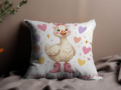 Cute cartoon goose wearing pink boots, surrounded by hearts.