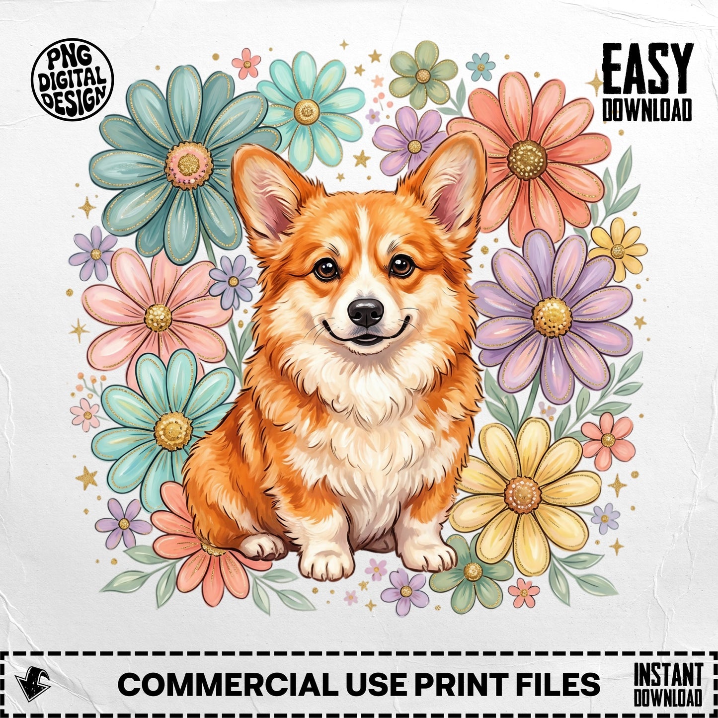 Corgi surrounded by colorful flowers, with "EASY DOWNLOAD" and "COMMERCIAL USE PRINT FILES" text.