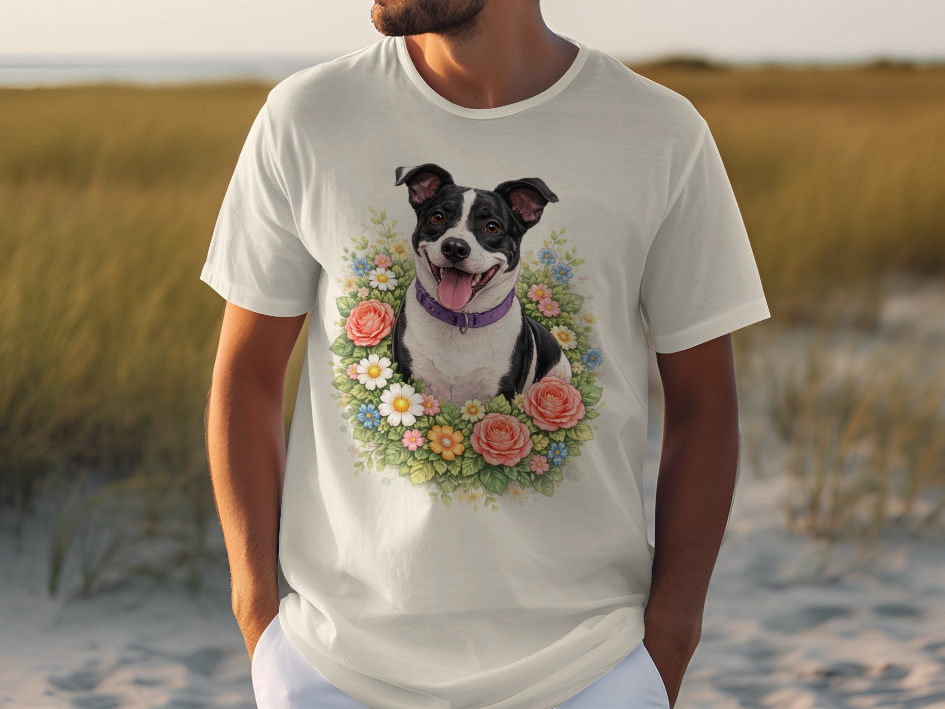 T-shirt with a white pit bull and floral wreath design.