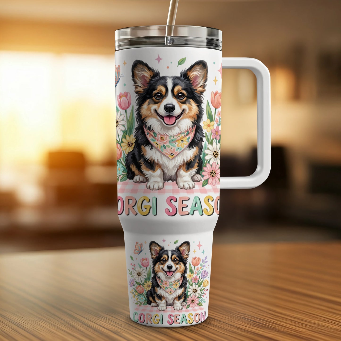 Corgo dog on tumbler with flowers and "CORGI SEASON" text.