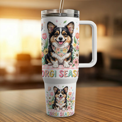 Corgo dog on tumbler with flowers and "CORGI SEASON" text.