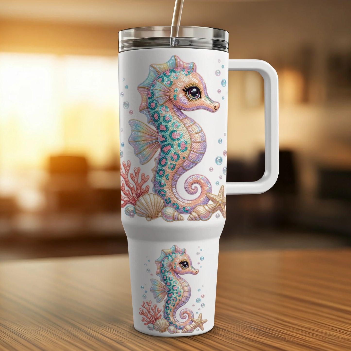 White tumbler with colorful seahorse and seashell designs.