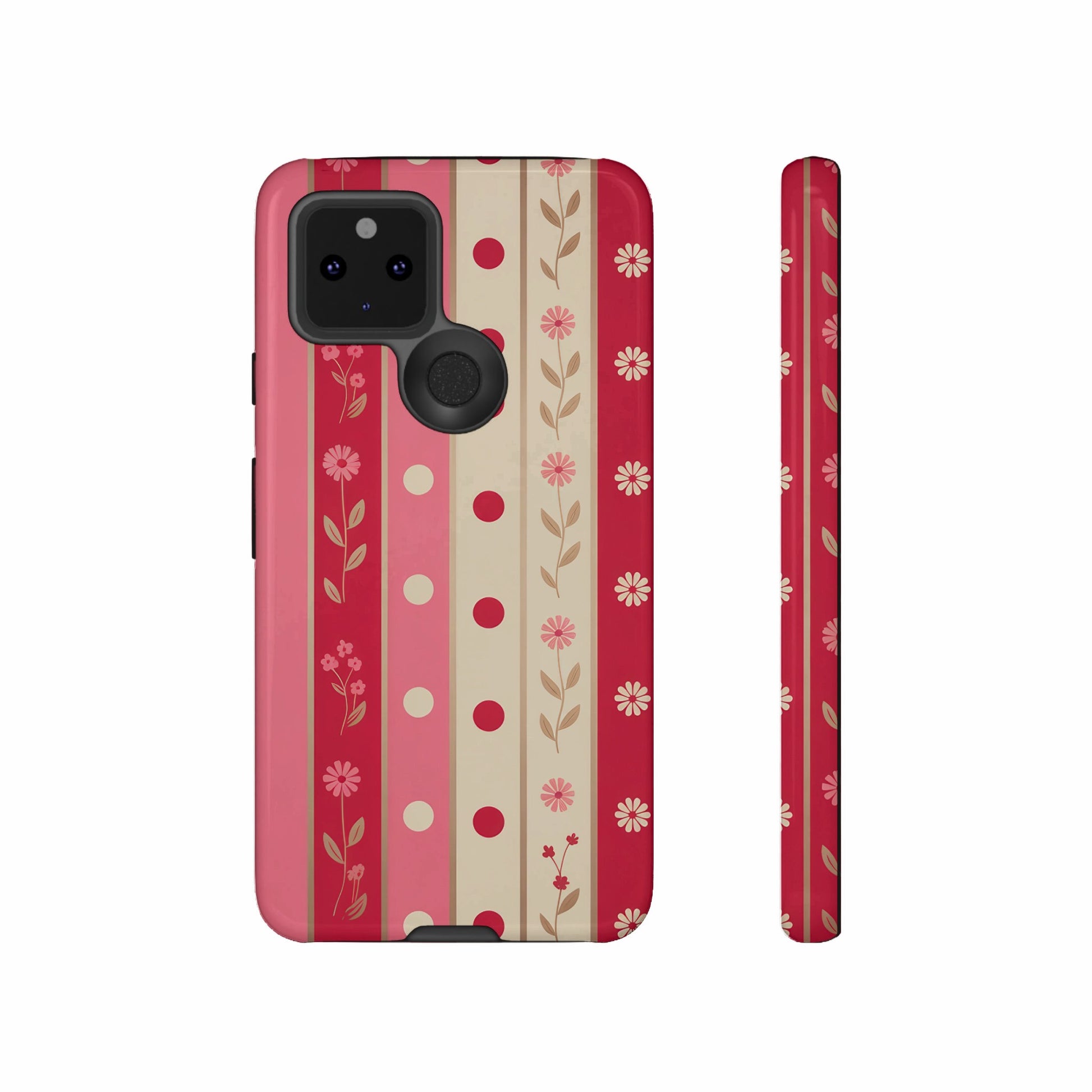 Red and pink floral striped phone case with polka dots.