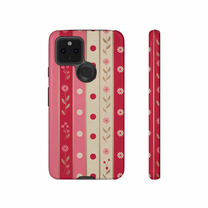 Red and pink floral striped phone case with polka dots.