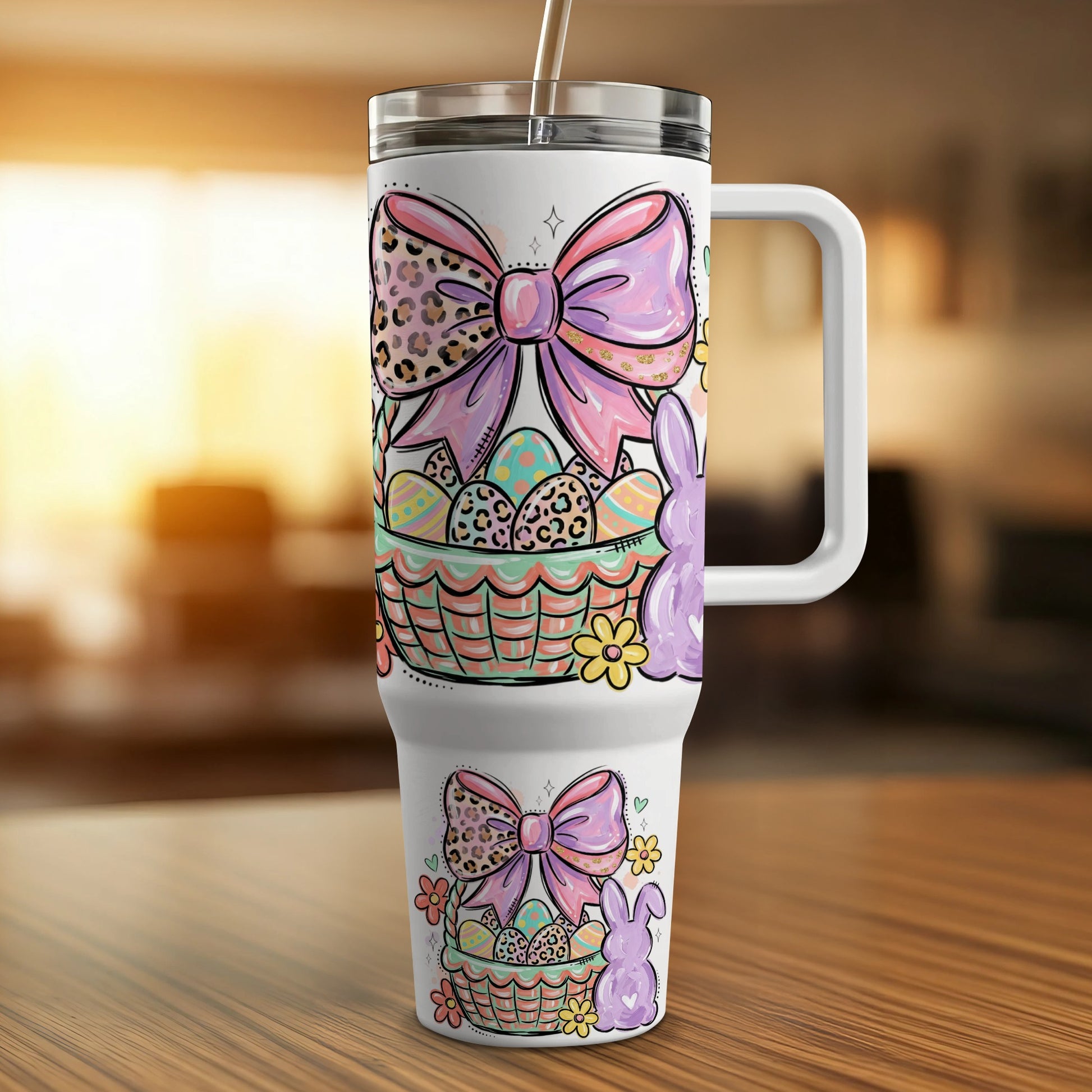 Easter tumbler with decorated eggs, bows, bunnies, and flowers.