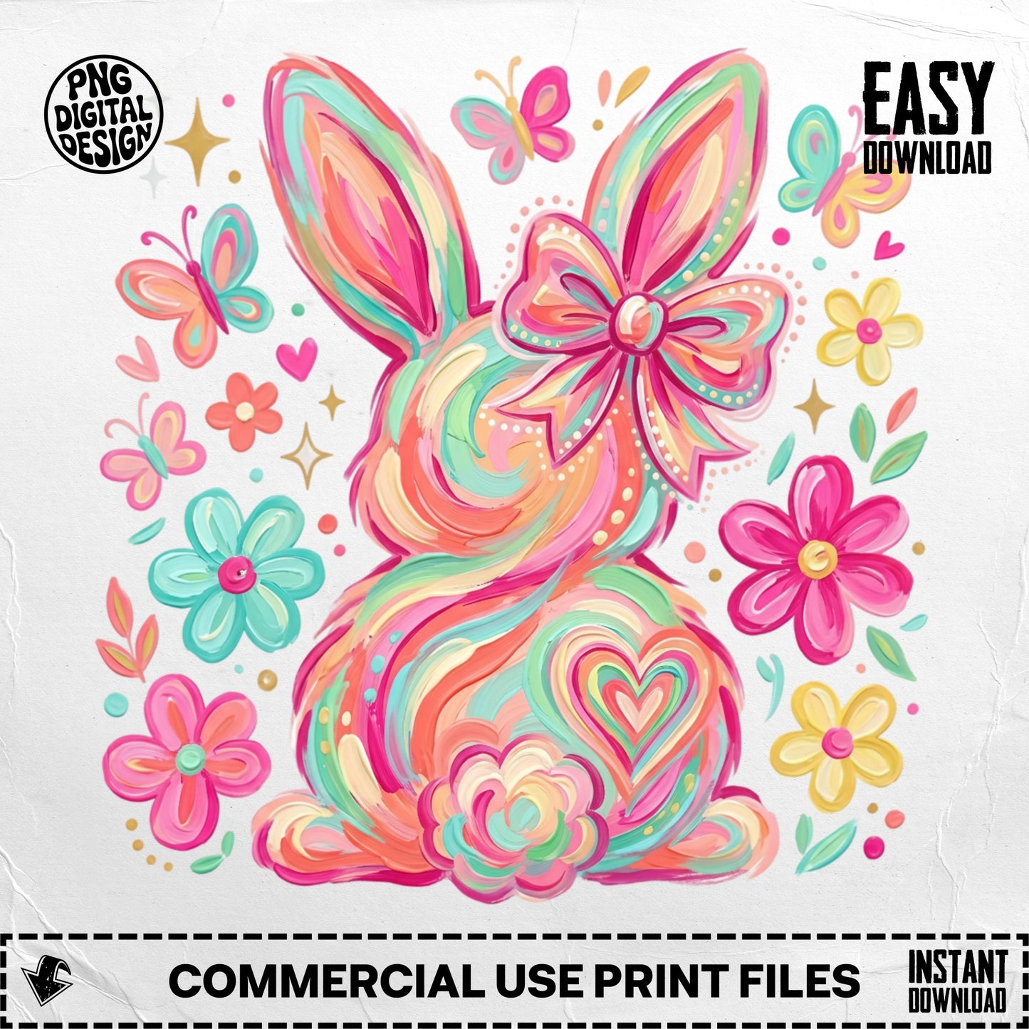 Colorful bunny with floral accents and butterflies, "Easy Download" text.