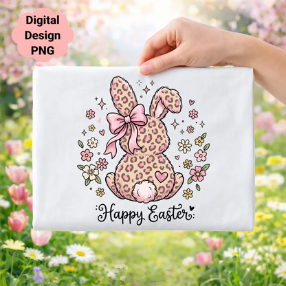Leopard print Easter bunny with pink bow and flowers.